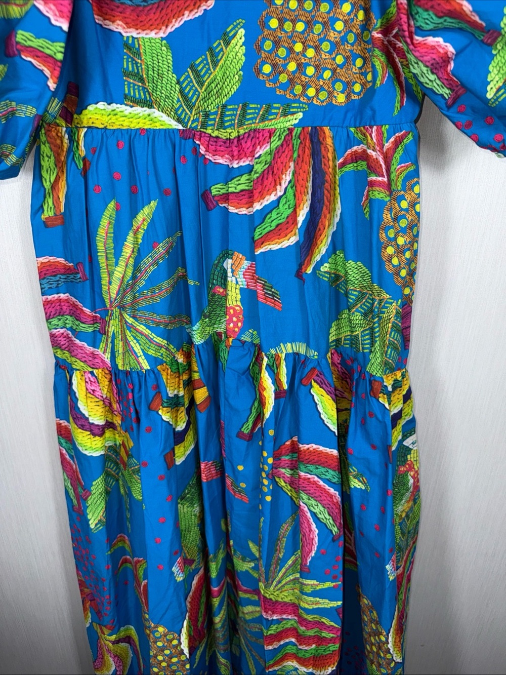 Farm Rio S Pineapple Dress Puff Sleeve Floral Tiered Midi Anthropologie Blue - Picture 6 of 10